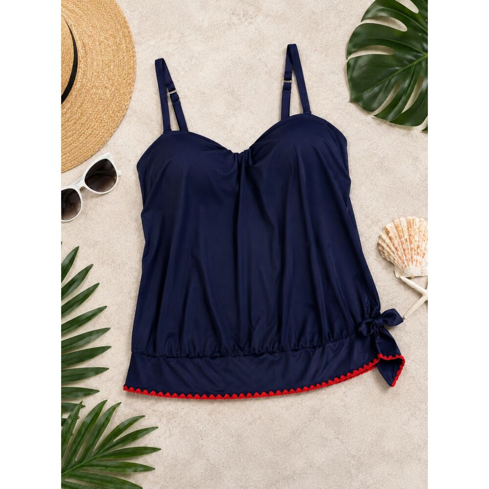 Mazu Swim Navy Blouson Tankini Top 20W Plus Size Red Trim Tie Side Swimwear
